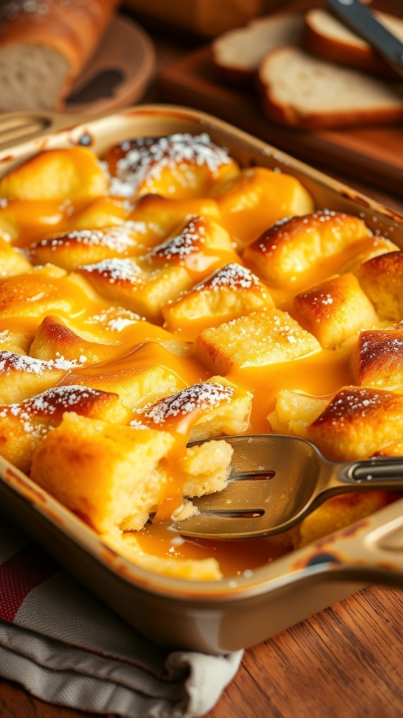 A golden brown bread pudding casserole with powdered sugar and caramel sauce, served in a rustic dish.